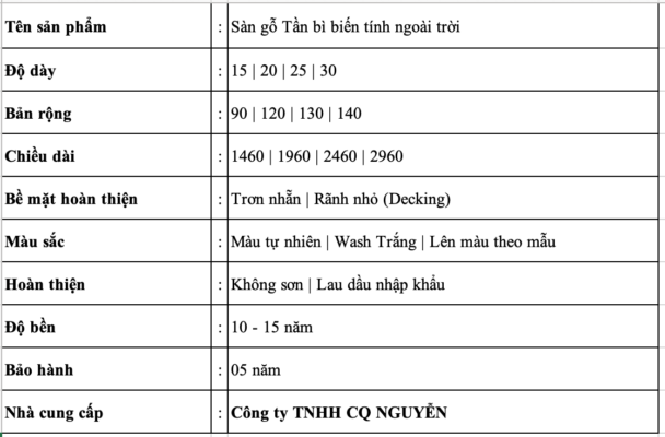 Specs sàn gỗ tần bì biến tính